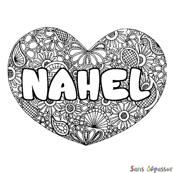 Coloriage pr&eacute;nom NAHEL - d&eacute;cor Mandala coeur