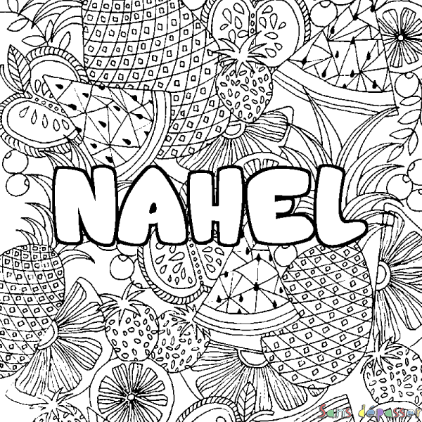 Coloriage prénom NAHEL - d&eacute;cor Mandala fruits
