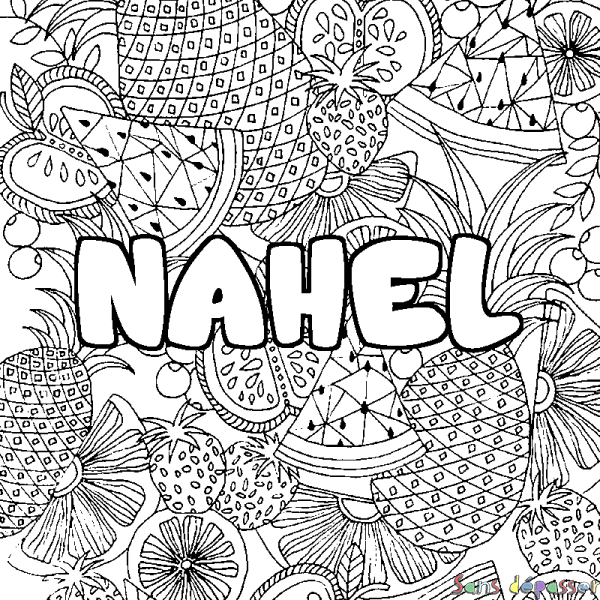 Coloriage pr&eacute;nom NAHEL - d&eacute;cor Mandala fruits