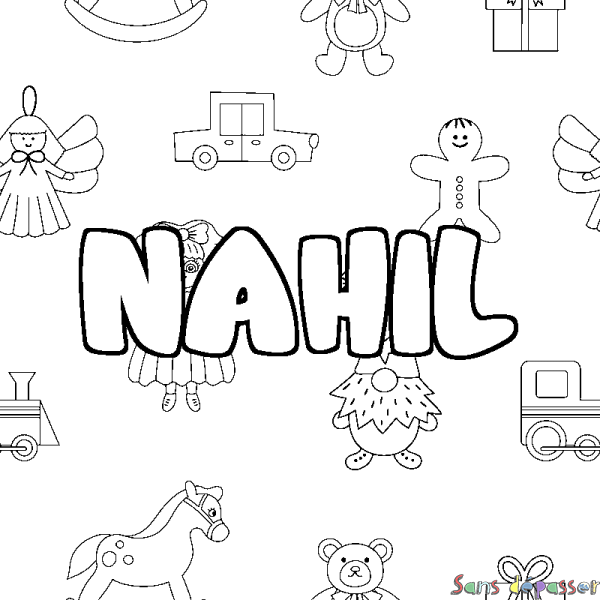 Coloriage pr&eacute;nom NAHIL - d&eacute;cor Jouets
