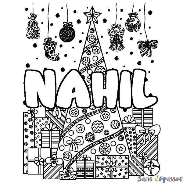 Coloriage prénom NAHIL - d&eacute;cor Sapin et Cadeaux