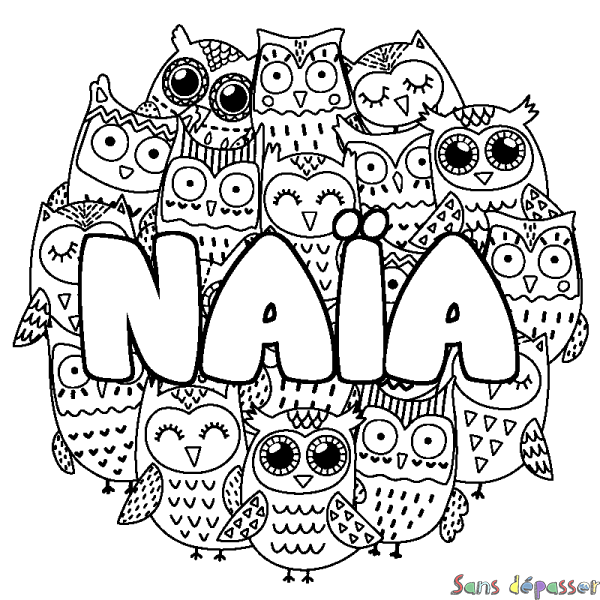 Coloriage pr&eacute;nom NA&Iuml;A - d&eacute;cor Chouettes