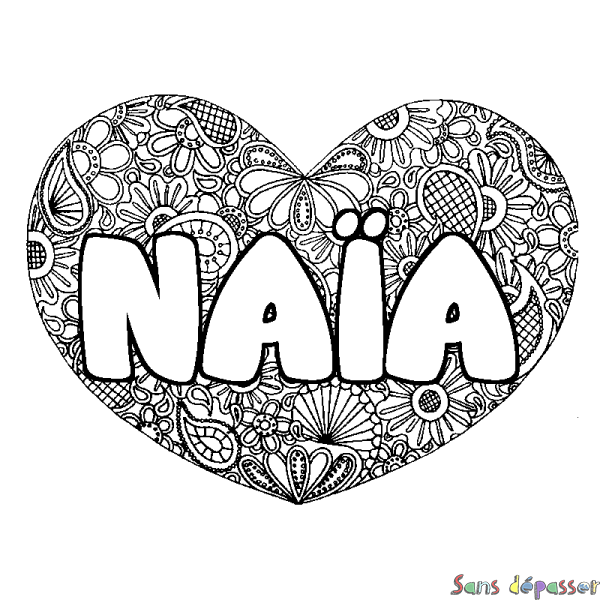 Coloriage pr&eacute;nom NA&Iuml;A - d&eacute;cor Mandala coeur