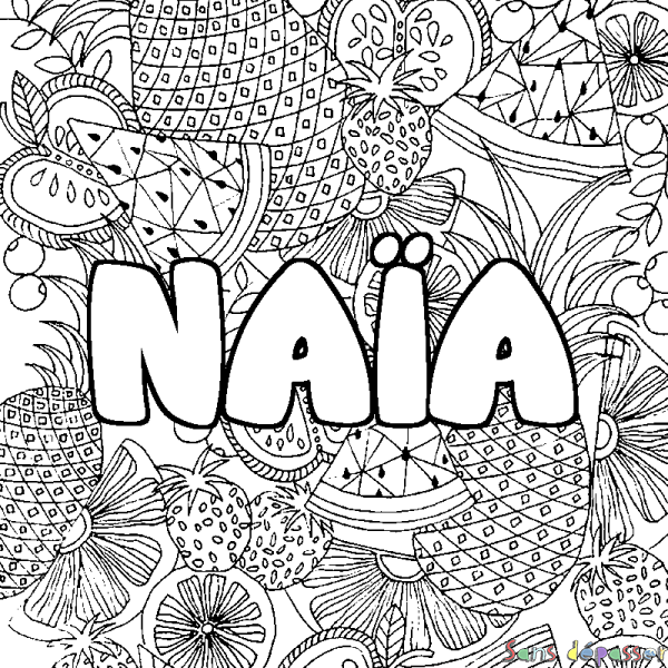 Coloriage pr&eacute;nom NA&Iuml;A - d&eacute;cor Mandala fruits