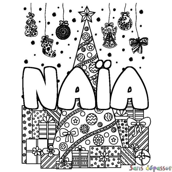 Coloriage pr&eacute;nom NA&Iuml;A - d&eacute;cor Sapin et Cadeaux