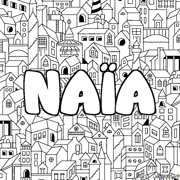 Coloriage pr&eacute;nom NA&Iuml;A - d&eacute;cor Ville