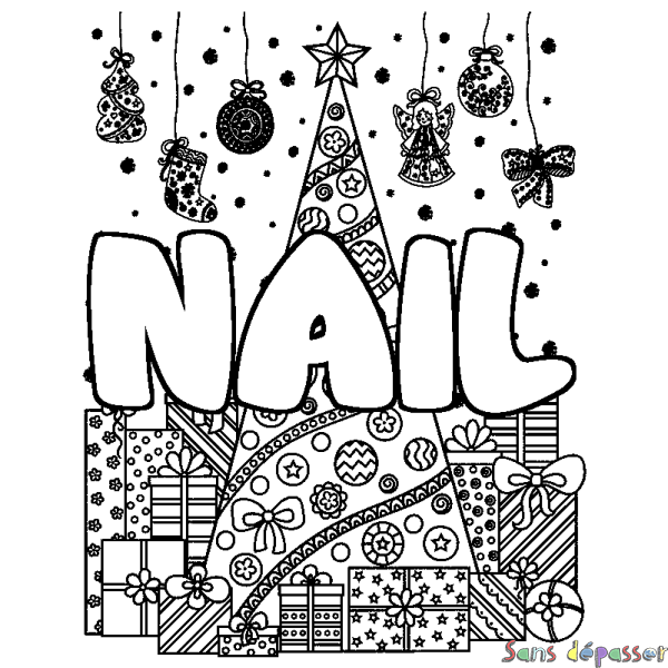 Coloriage pr&eacute;nom NAIL - d&eacute;cor Sapin et Cadeaux