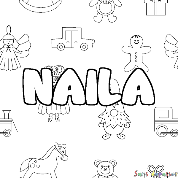 Coloriage pr&eacute;nom NAILA - d&eacute;cor Jouets