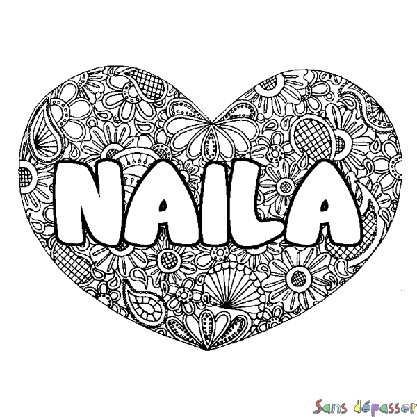 Coloriage prénom NAILA - d&eacute;cor Mandala coeur