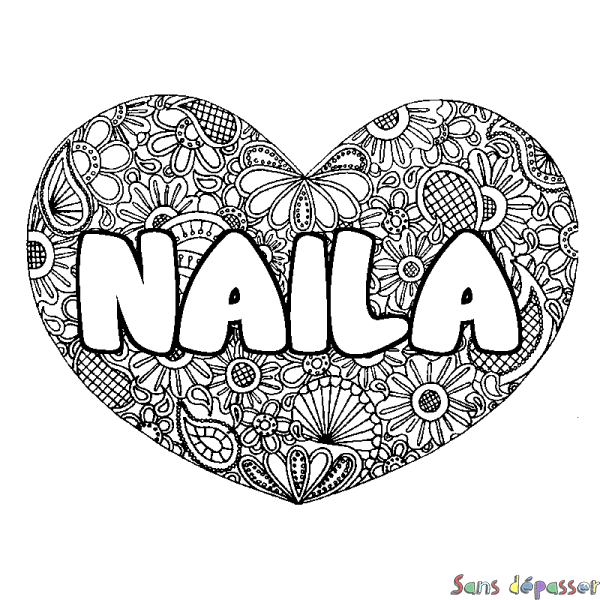 Coloriage pr&eacute;nom NAILA - d&eacute;cor Mandala coeur