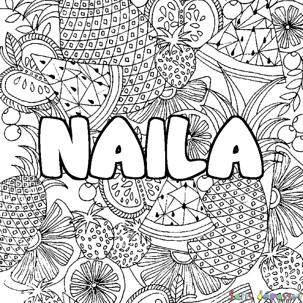 Coloriage pr&eacute;nom NAILA - d&eacute;cor Mandala fruits