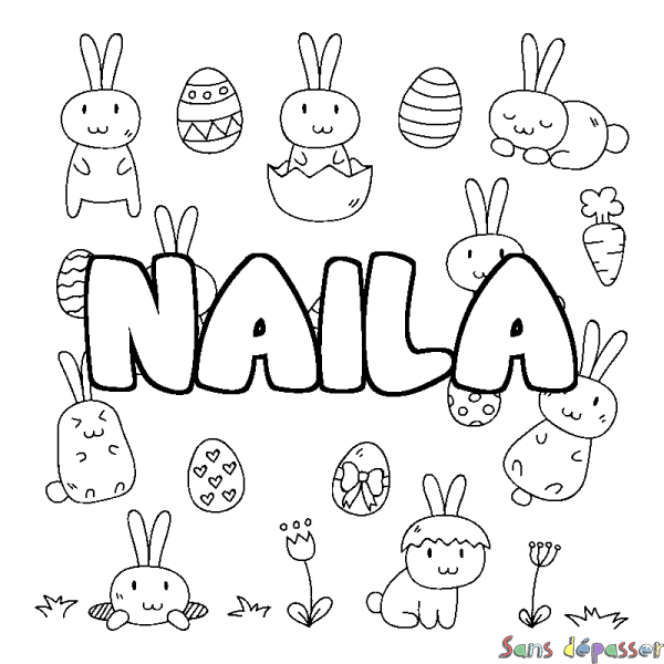 Coloriage pr&eacute;nom NAILA - d&eacute;cor Paques