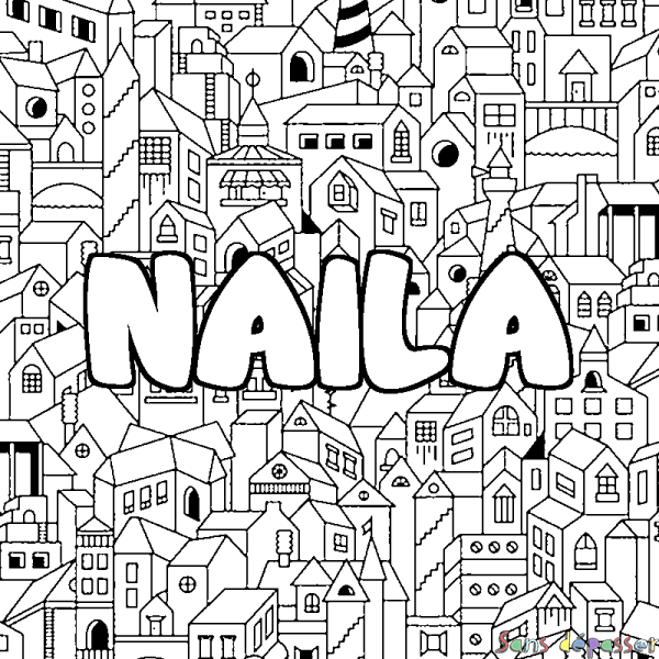 Coloriage pr&eacute;nom NAILA - d&eacute;cor Ville