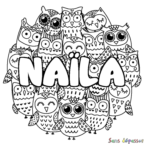 Coloriage pr&eacute;nom NA&Iuml;LA - d&eacute;cor Chouettes