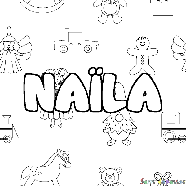 Coloriage pr&eacute;nom NA&Iuml;LA - d&eacute;cor Jouets