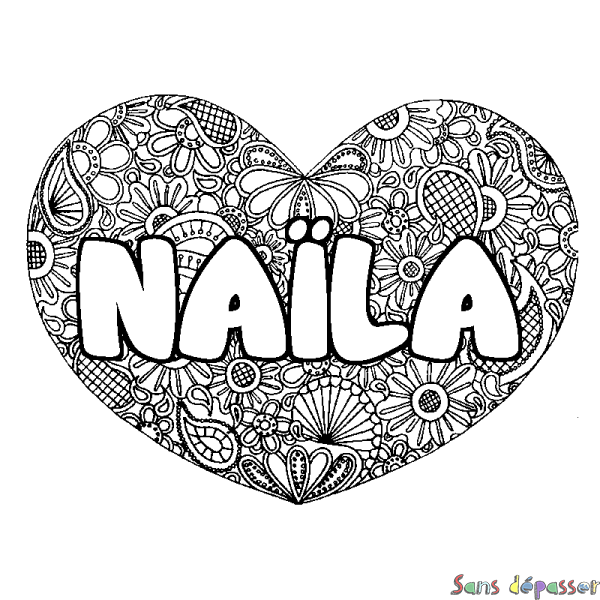 Coloriage pr&eacute;nom NA&Iuml;LA - d&eacute;cor Mandala coeur