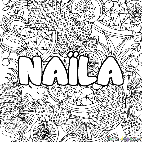 Coloriage pr&eacute;nom NA&Iuml;LA - d&eacute;cor Mandala fruits