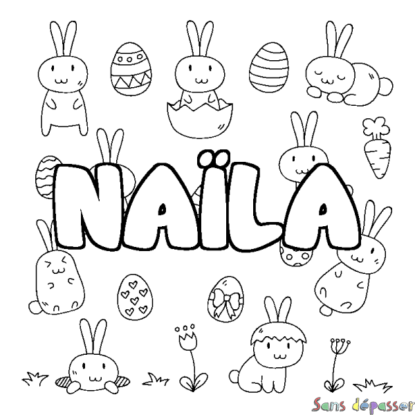 Coloriage pr&eacute;nom NA&Iuml;LA - d&eacute;cor Paques