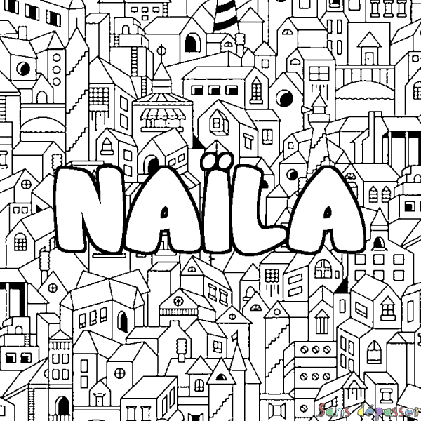 Coloriage pr&eacute;nom NA&Iuml;LA - d&eacute;cor Ville