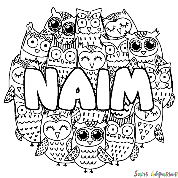 Coloriage pr&eacute;nom NAIM - d&eacute;cor Chouettes
