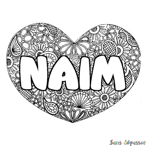 Coloriage prénom NAIM - d&eacute;cor Mandala coeur