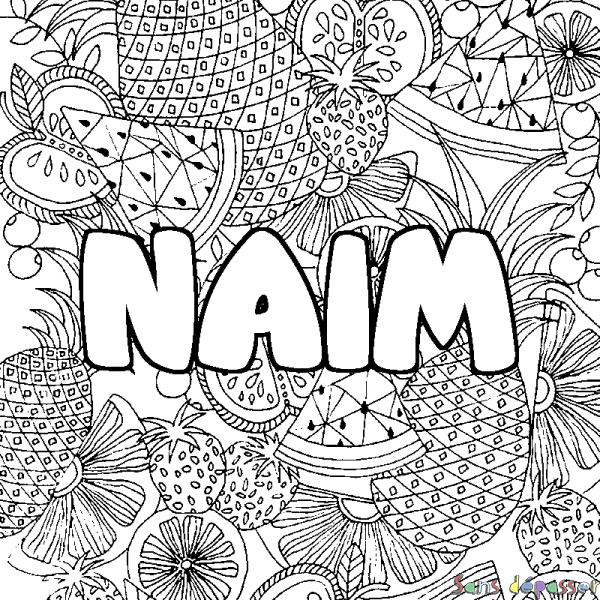 Coloriage pr&eacute;nom NAIM - d&eacute;cor Mandala fruits