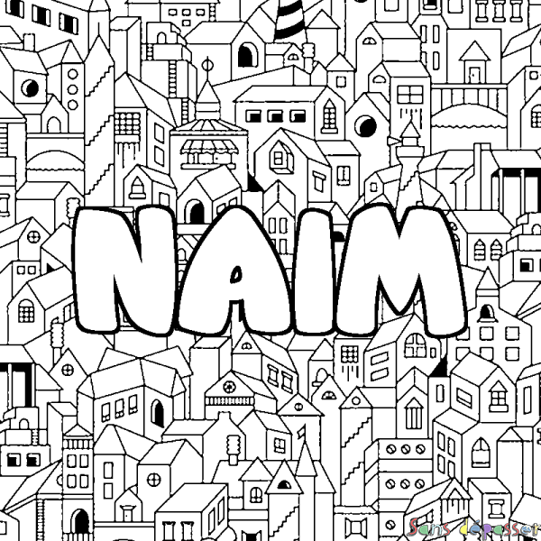 Coloriage pr&eacute;nom NAIM - d&eacute;cor Ville