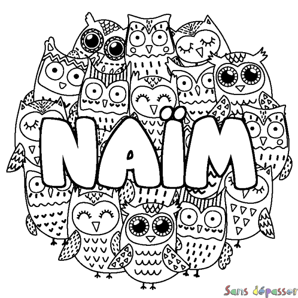 Coloriage pr&eacute;nom NA&Iuml;M - d&eacute;cor Chouettes
