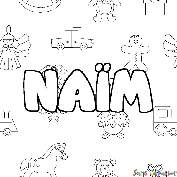 Coloriage pr&eacute;nom NA&Iuml;M - d&eacute;cor Jouets