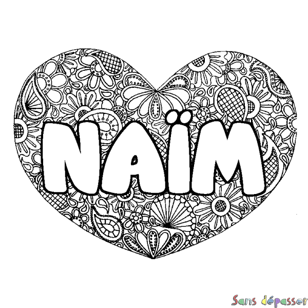 Coloriage pr&eacute;nom NA&Iuml;M - d&eacute;cor Mandala coeur