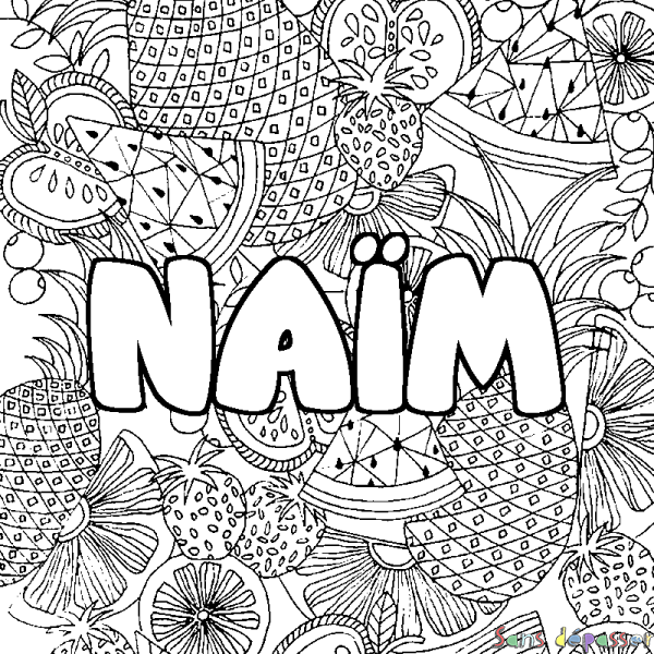 Coloriage pr&eacute;nom NA&Iuml;M - d&eacute;cor Mandala fruits