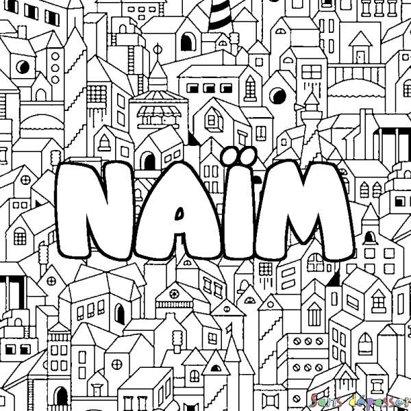 Coloriage pr&eacute;nom NA&Iuml;M - d&eacute;cor Ville