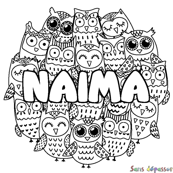 Coloriage prénom NAIMA - d&eacute;cor Chouettes