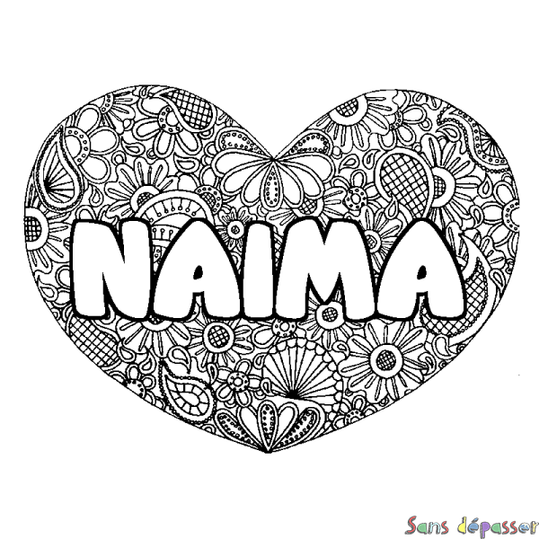 Coloriage prénom NAIMA - d&eacute;cor Mandala coeur