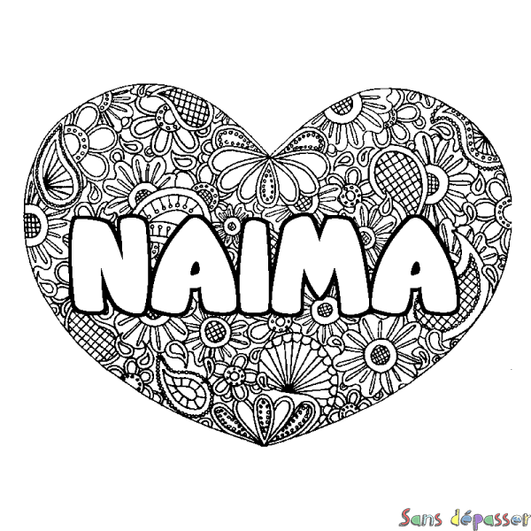 Coloriage pr&eacute;nom NAIMA - d&eacute;cor Mandala coeur
