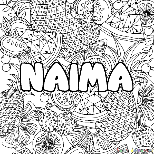 Coloriage prénom NAIMA - d&eacute;cor Mandala fruits