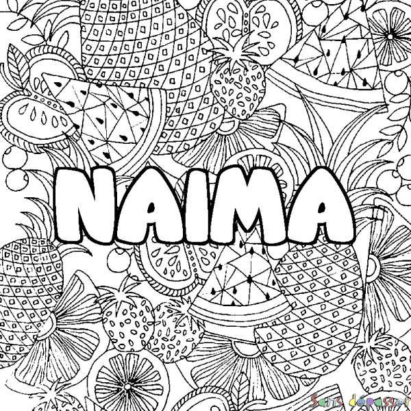 Coloriage pr&eacute;nom NAIMA - d&eacute;cor Mandala fruits