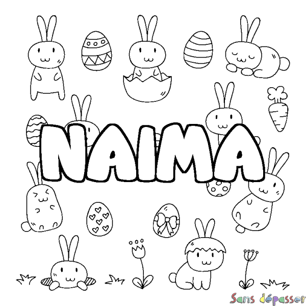 Coloriage pr&eacute;nom NAIMA - d&eacute;cor Paques