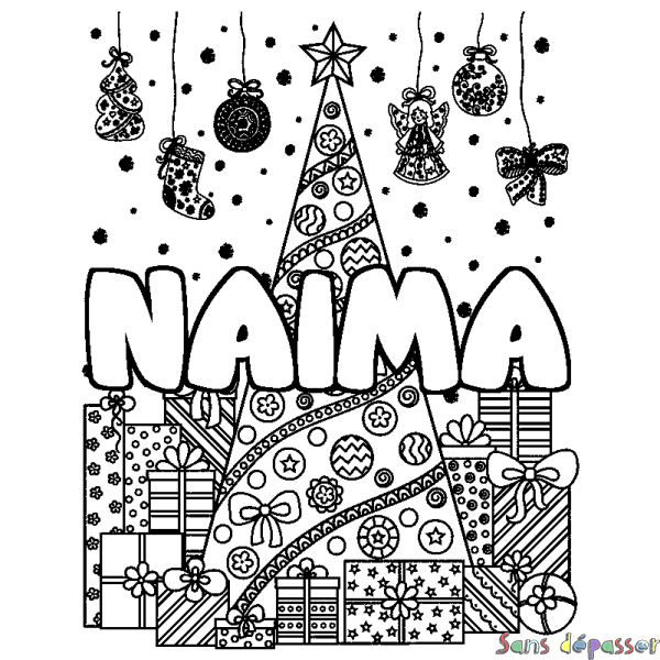 Coloriage prénom NAIMA - d&eacute;cor Sapin et Cadeaux