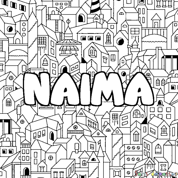 Coloriage prénom NAIMA - d&eacute;cor Ville
