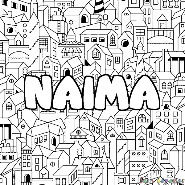 Coloriage pr&eacute;nom NAIMA - d&eacute;cor Ville