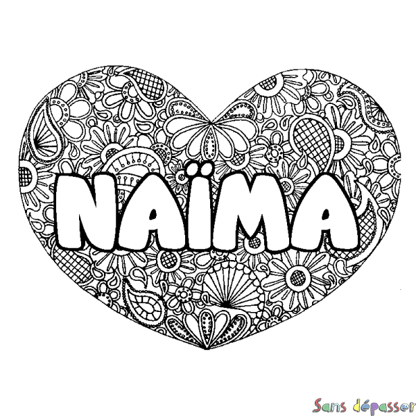 Coloriage prénom NA&Iuml;MA - d&eacute;cor Mandala coeur
