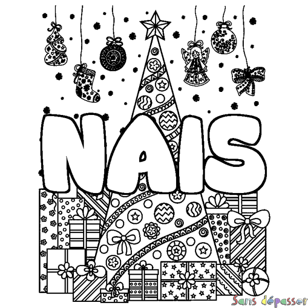 Coloriage prénom NAIS - d&eacute;cor Sapin et Cadeaux