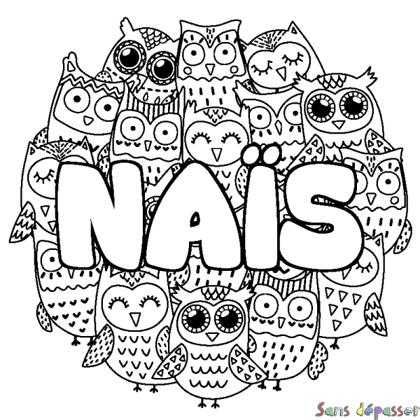 Coloriage pr&eacute;nom NA&Iuml;S - d&eacute;cor Chouettes