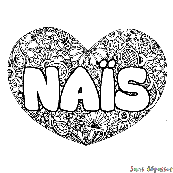 Coloriage pr&eacute;nom NA&Iuml;S - d&eacute;cor Mandala coeur