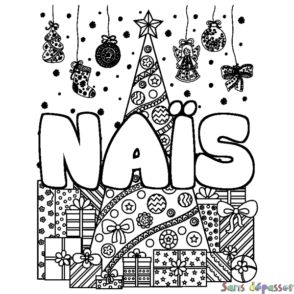 Coloriage pr&eacute;nom NA&Iuml;S - d&eacute;cor Sapin et Cadeaux
