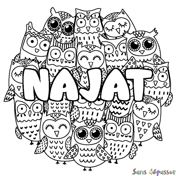 Coloriage pr&eacute;nom NAJAT - d&eacute;cor Chouettes