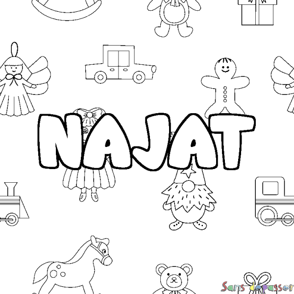 Coloriage pr&eacute;nom NAJAT - d&eacute;cor Jouets