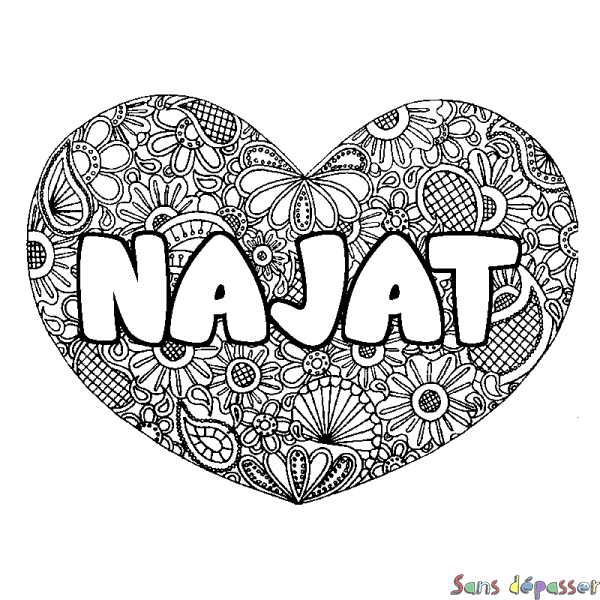 Coloriage pr&eacute;nom NAJAT - d&eacute;cor Mandala coeur