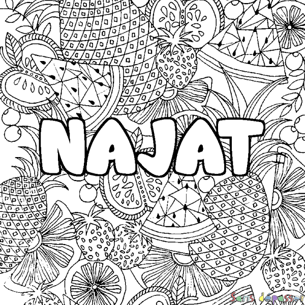 Coloriage pr&eacute;nom NAJAT - d&eacute;cor Mandala fruits